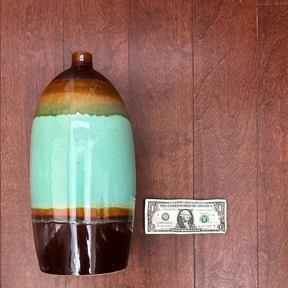 Large Earthy Turquoise & Chocolate Brown Ceramic Vase, Boho Statement Piece